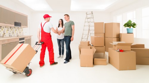 Packed office boxes ready for relocation in Chingford